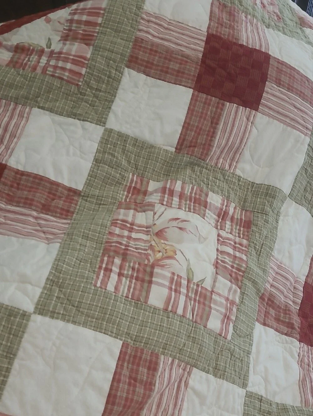 Rust and Cream Patchwork Quilt Bedspread with Subtle Green Accents